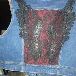 Wax Jean Blue Denim Vest with Burgundy Panel & Black Lace Wing Appliqué